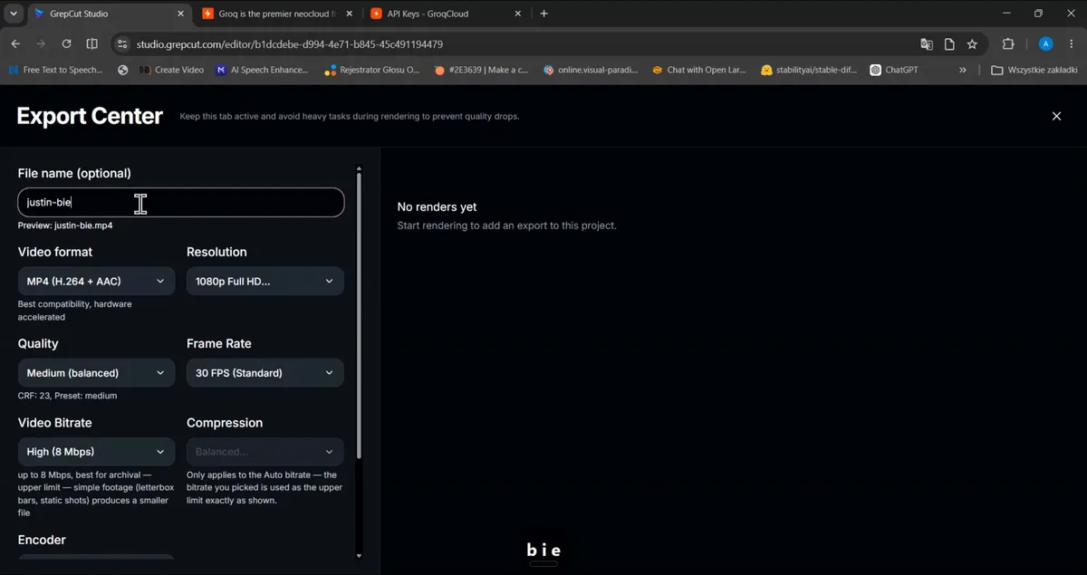 Export Center settings in GrepCut Studio configuring 1080p Full HD video at 30 FPS