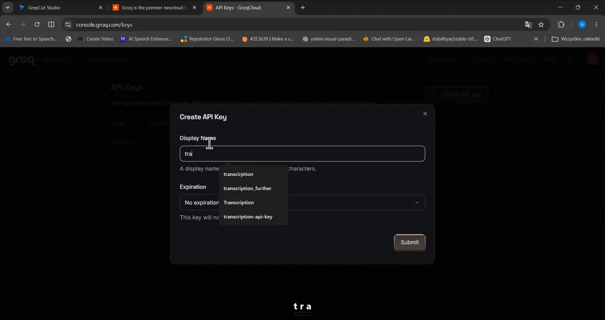 GroqCloud console modal creating a free Whisper API key