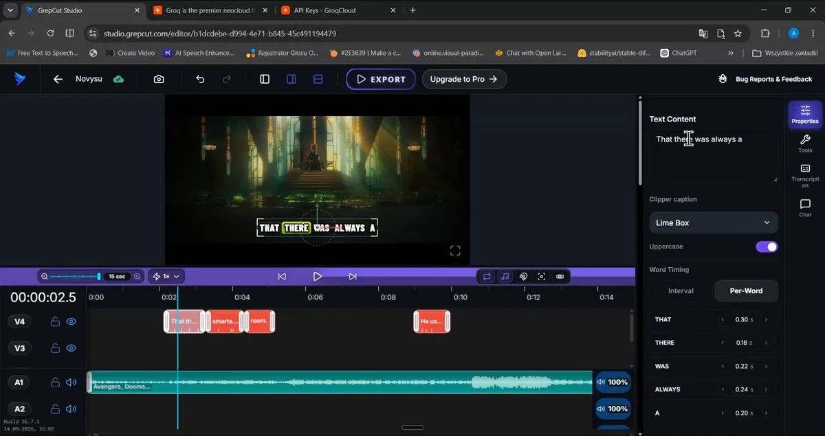 Word-level timing inspector and subtitle text editor in GrepCut Studio